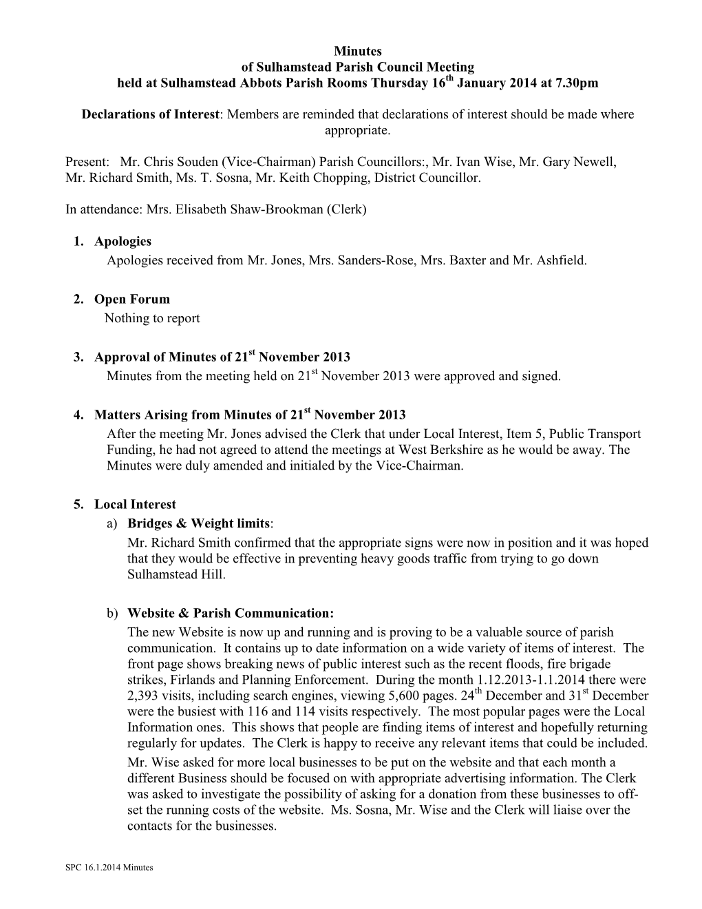 Minutes of Parish Council Meeting