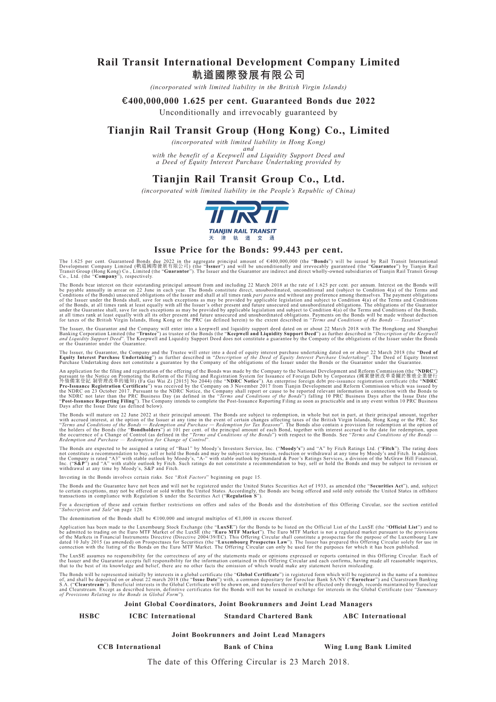 Rail Transit International Development Company Limited 軌道國際發展有限公司 (Incorporated with Limited Liability in the British Virgin Islands) €400,000,000 1.625 Per Cent