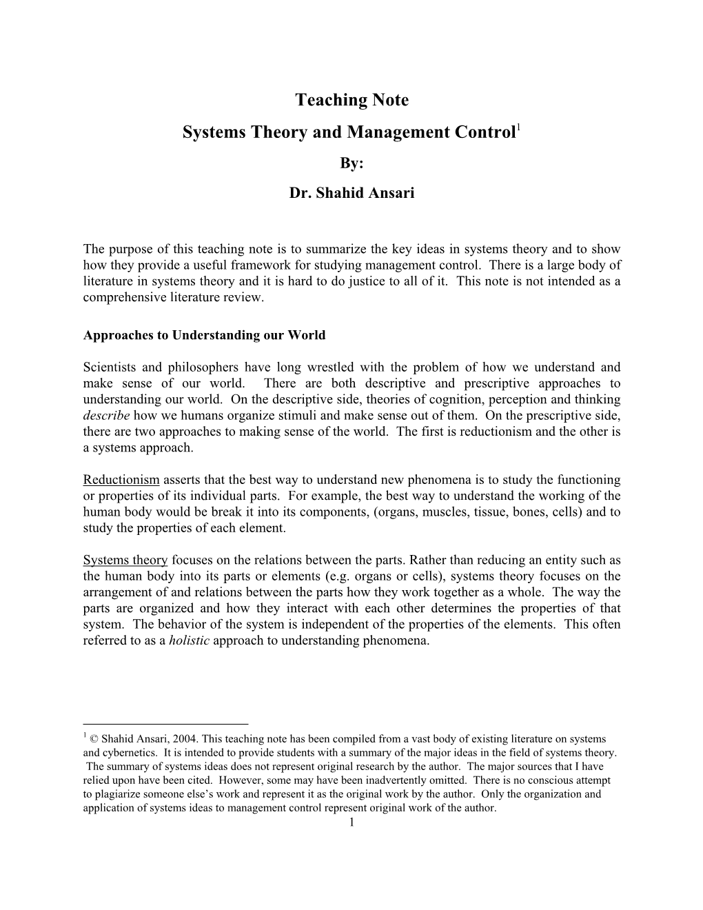 Teaching Note Systems Theory and Management Control1 By: Dr