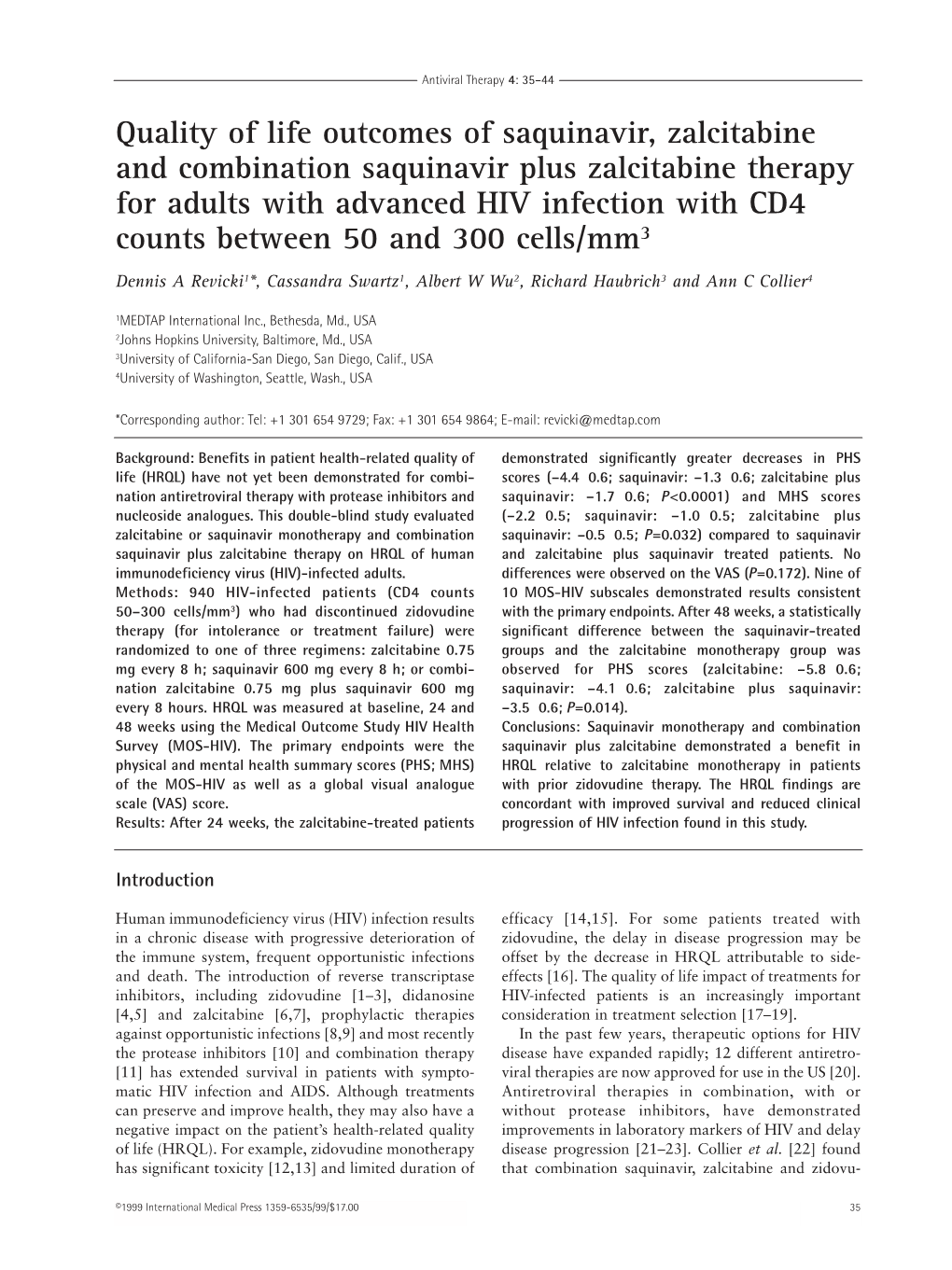 Quality of Life Outcomes of Saquinavir, Zalcitabine