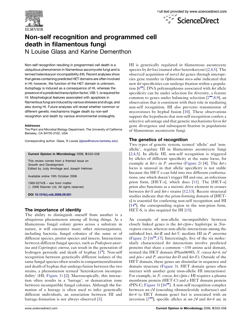 Non-Self Recognition and Programmed Cell Death in Filamentous Fungi Glass and Dementhon 555