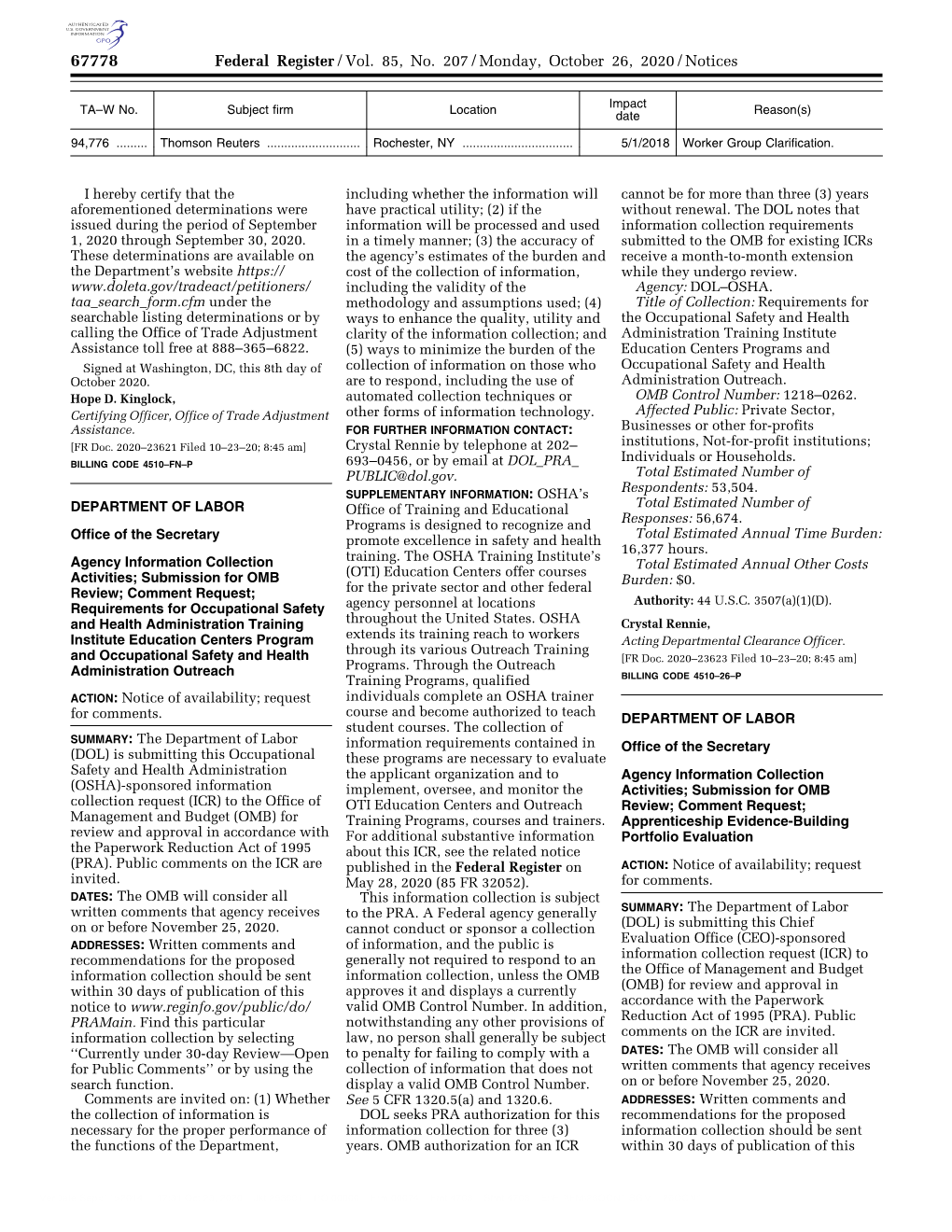 Federal Register/Vol. 85, No. 207/Monday, October 26, 2020