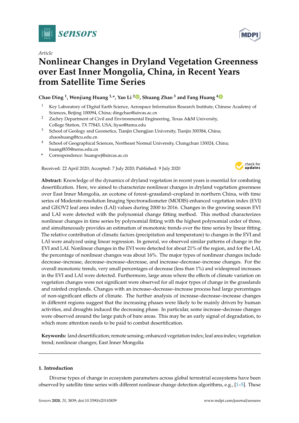 Nonlinear Changes in Dryland Vegetation Greenness Over East Inner Mongolia, China, in Recent Years from Satellite Time Series