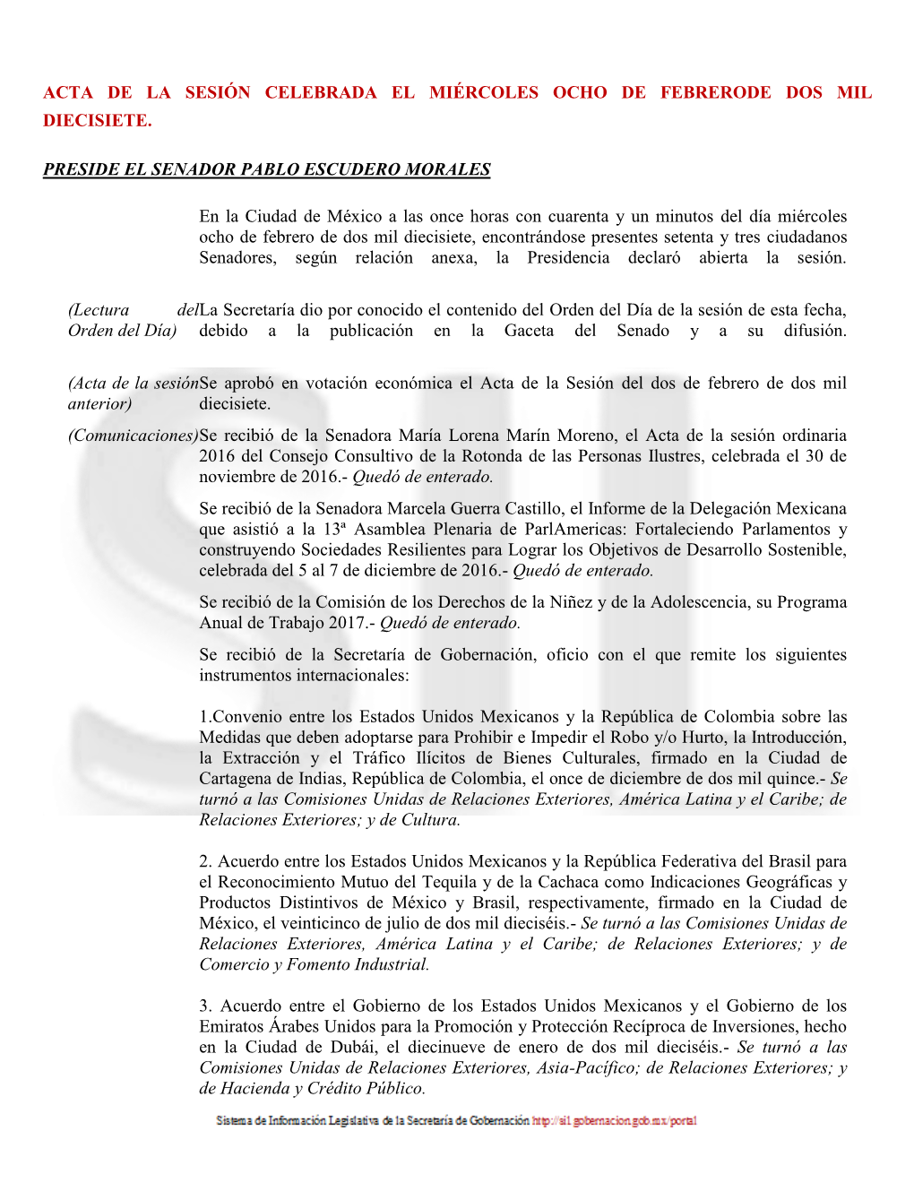 Acta De La Sesión Celebrada El Miércoles Ocho De Febrerode Dos Mil Diecisiete