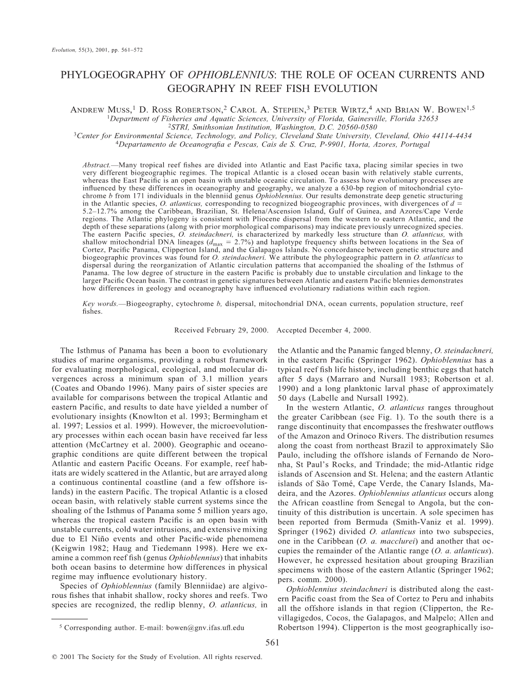 Phylogeography of Ophioblennius: the Role of Ocean Currents and Geography in Reef Fish Evolution