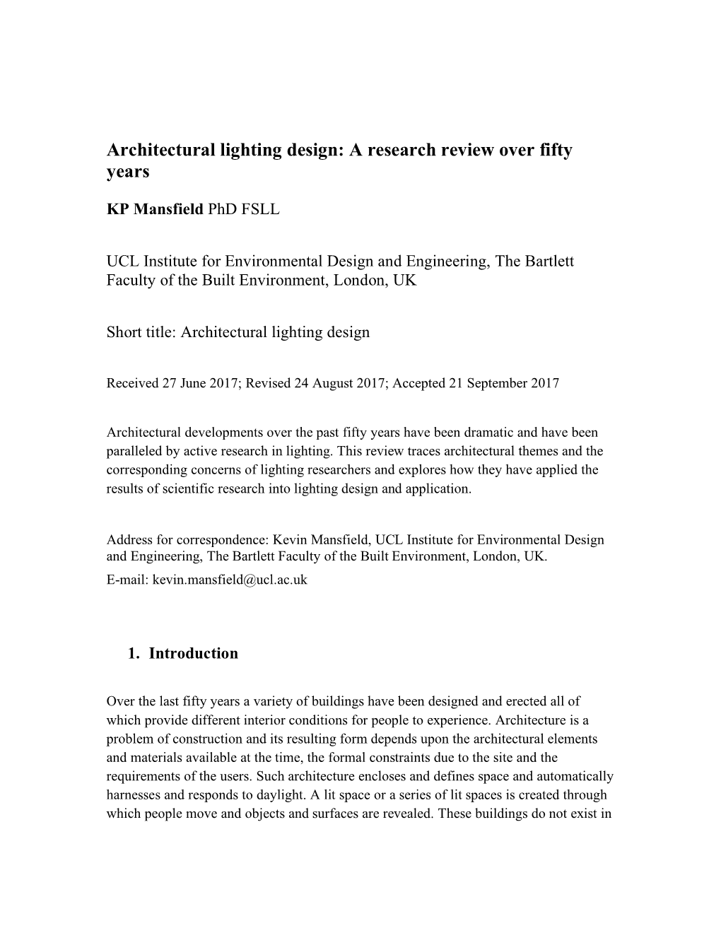 Architectural Lighting Design: a Research Review Over Fifty Years