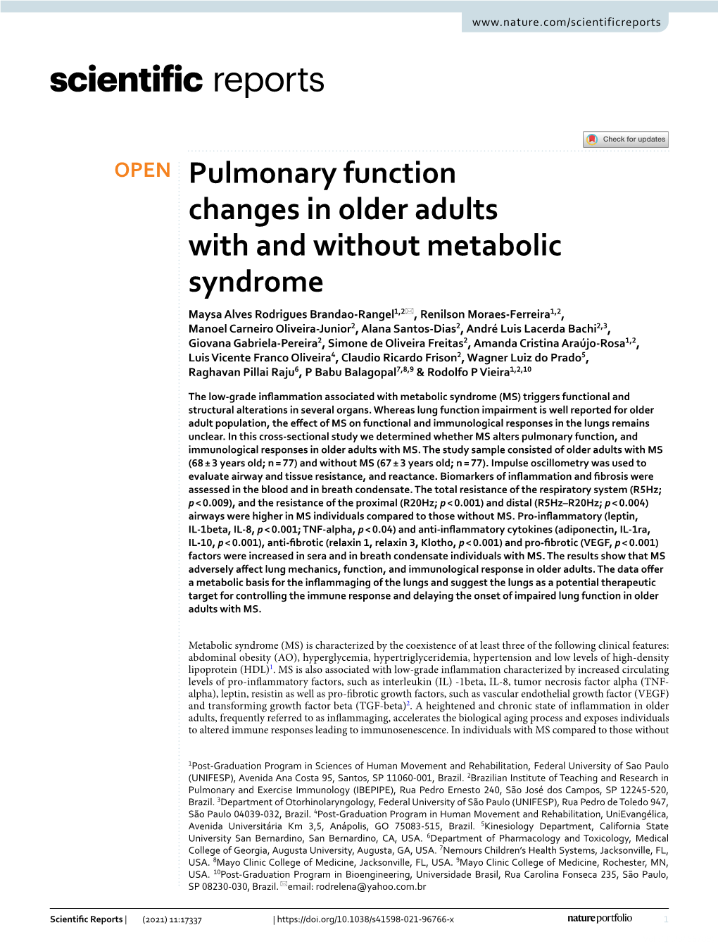 Pulmonary Function Changes in Older Adults with and Without Metabolic