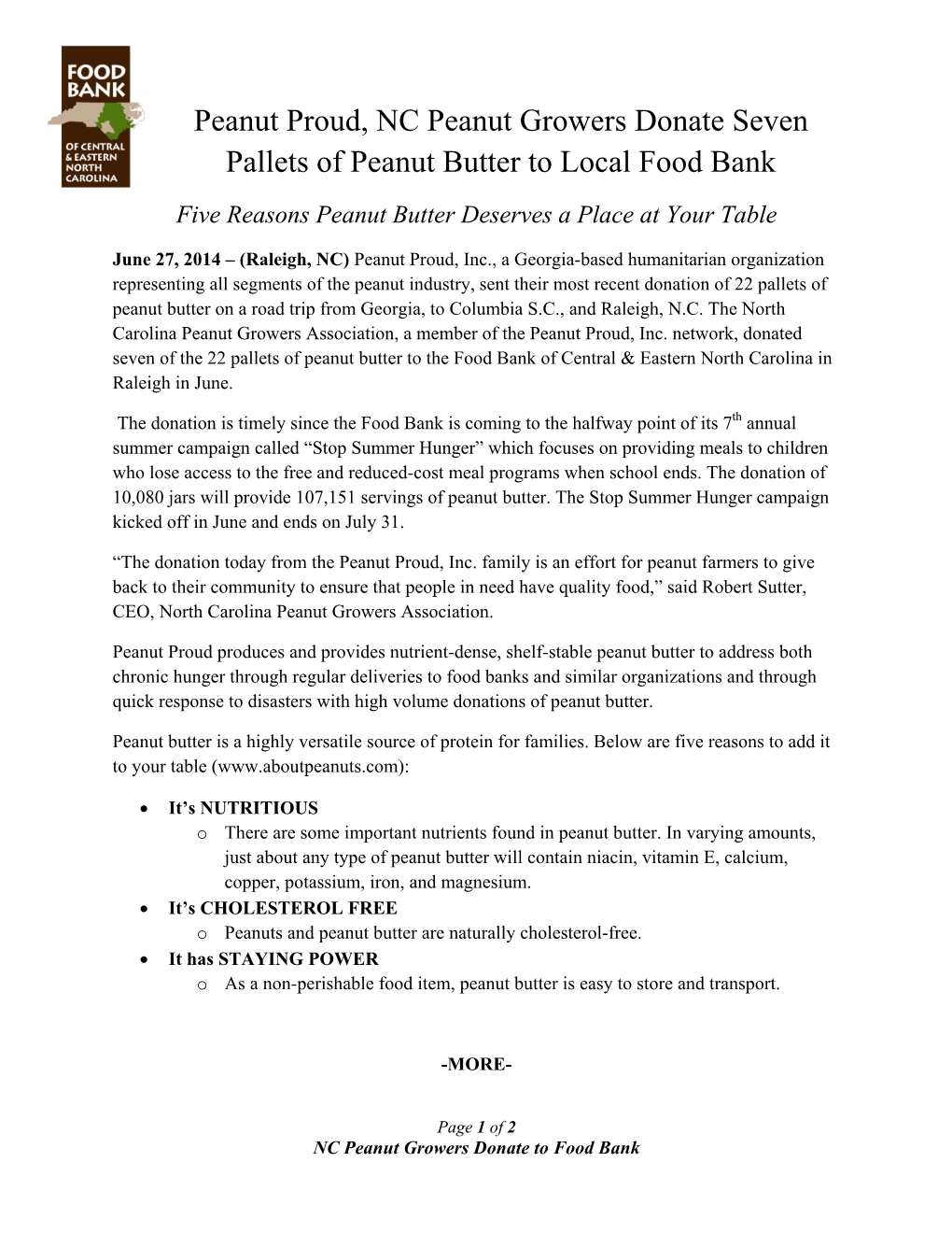 Peanut Proud, NC Peanut Growers Donate Seven Pallets of Peanut Butter to Local Food Bank Five Reasons Peanut Butter Deserves a Place at Your Table