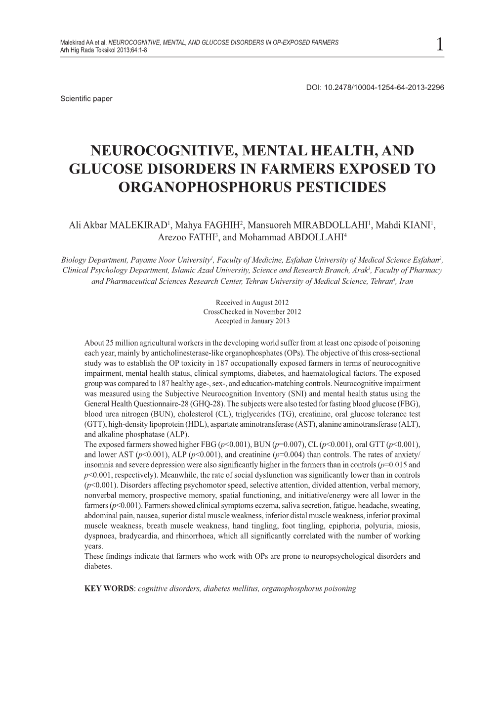 Neurocognitive, Mental Health, and Glucose Disorders in Farmers Exposed to Organophosphorus Pesticides