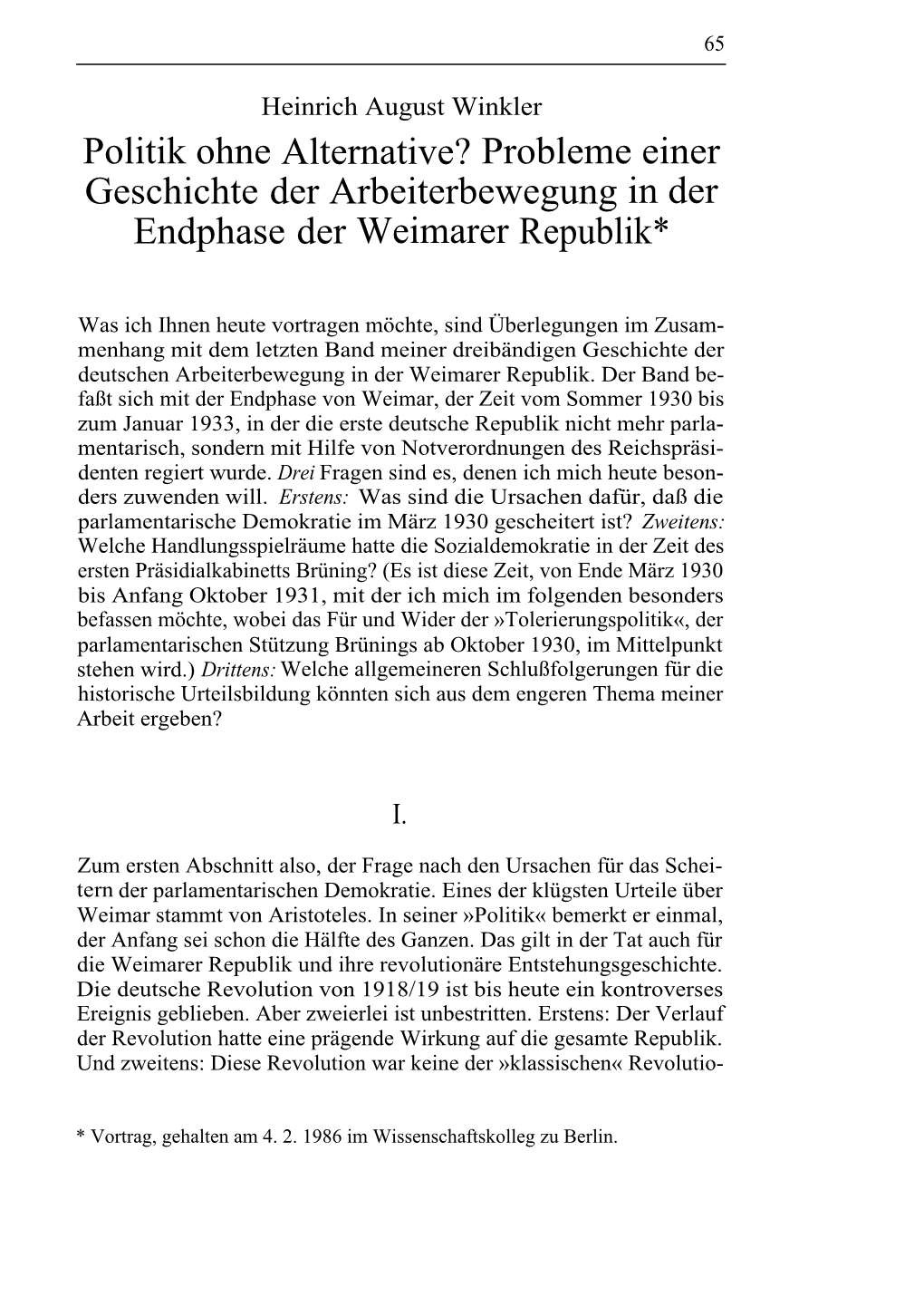 Politik Ohne Alternative? Probleme Einer Geschichte Der Arbeiterbewegung in Der Endphase Der Weimarer Republik*