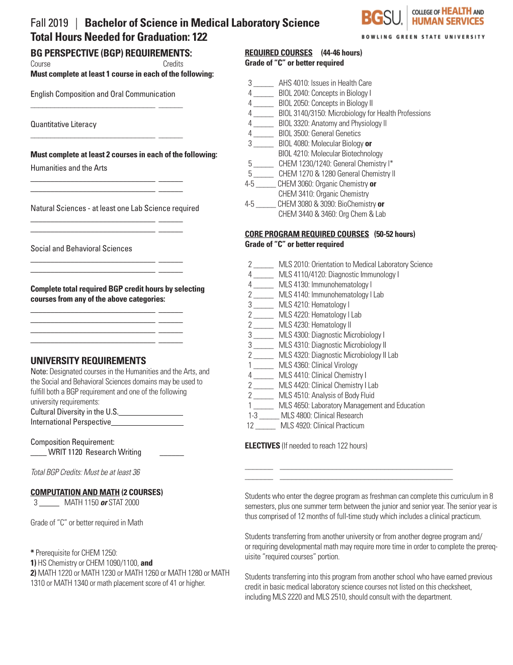 Fall 2019 | Bachelor of Science in Medical Laboratory Science Total Hours Needed for Graduation