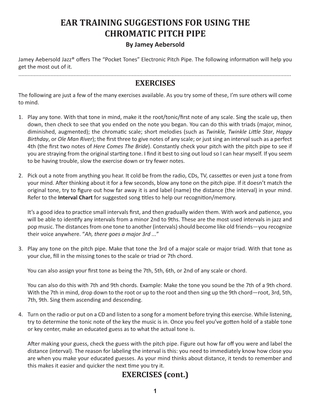EAR TRAINING SUGGESTIONS for USING the CHROMATIC PITCH PIPE by Jamey Aebersold
