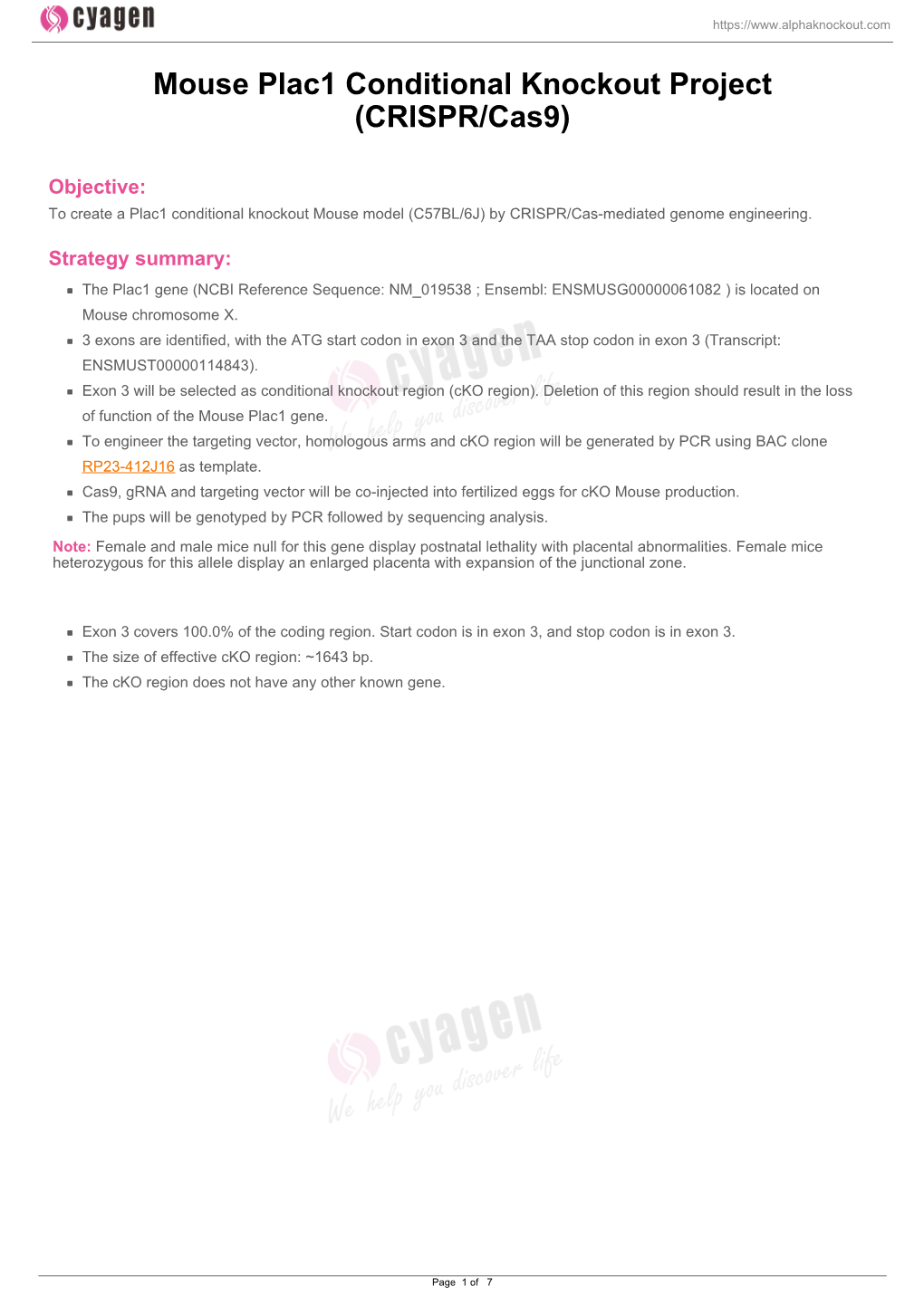 Mouse Plac1 Conditional Knockout Project (CRISPR/Cas9)