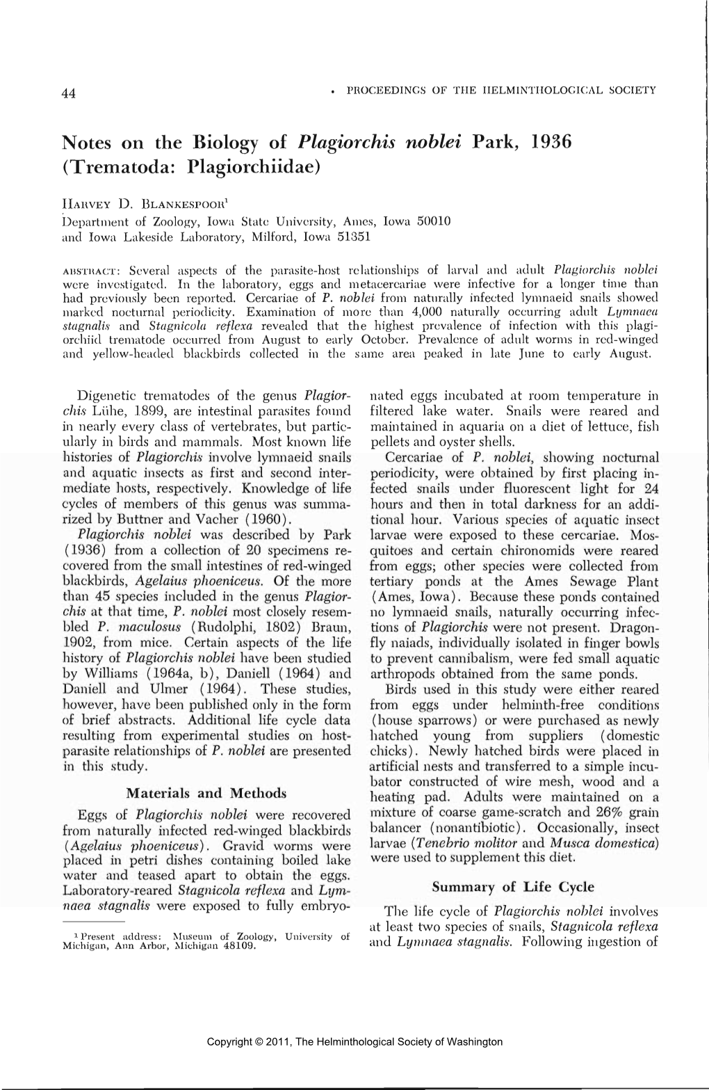 Notes on the Biology of Plagiorchis Noblei Park, 1936 (Trematoda: Plagiorchiidae)