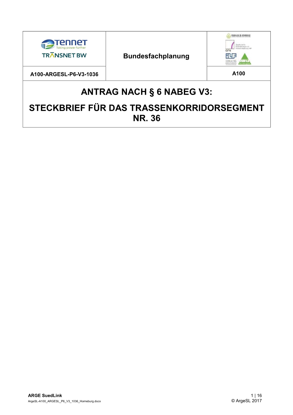 Antrag Nach § 6 Nabeg V3: Steckbrief Für Das Trassenkorridorsegment Nr. 36