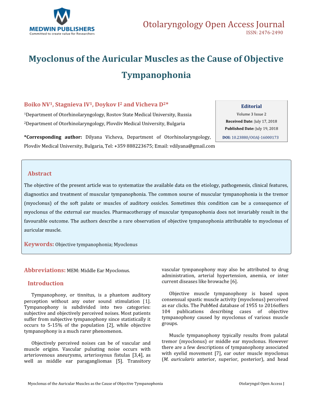 Myoclonus of the Auricular Muscles As the Cause of Objective Tympanophonia