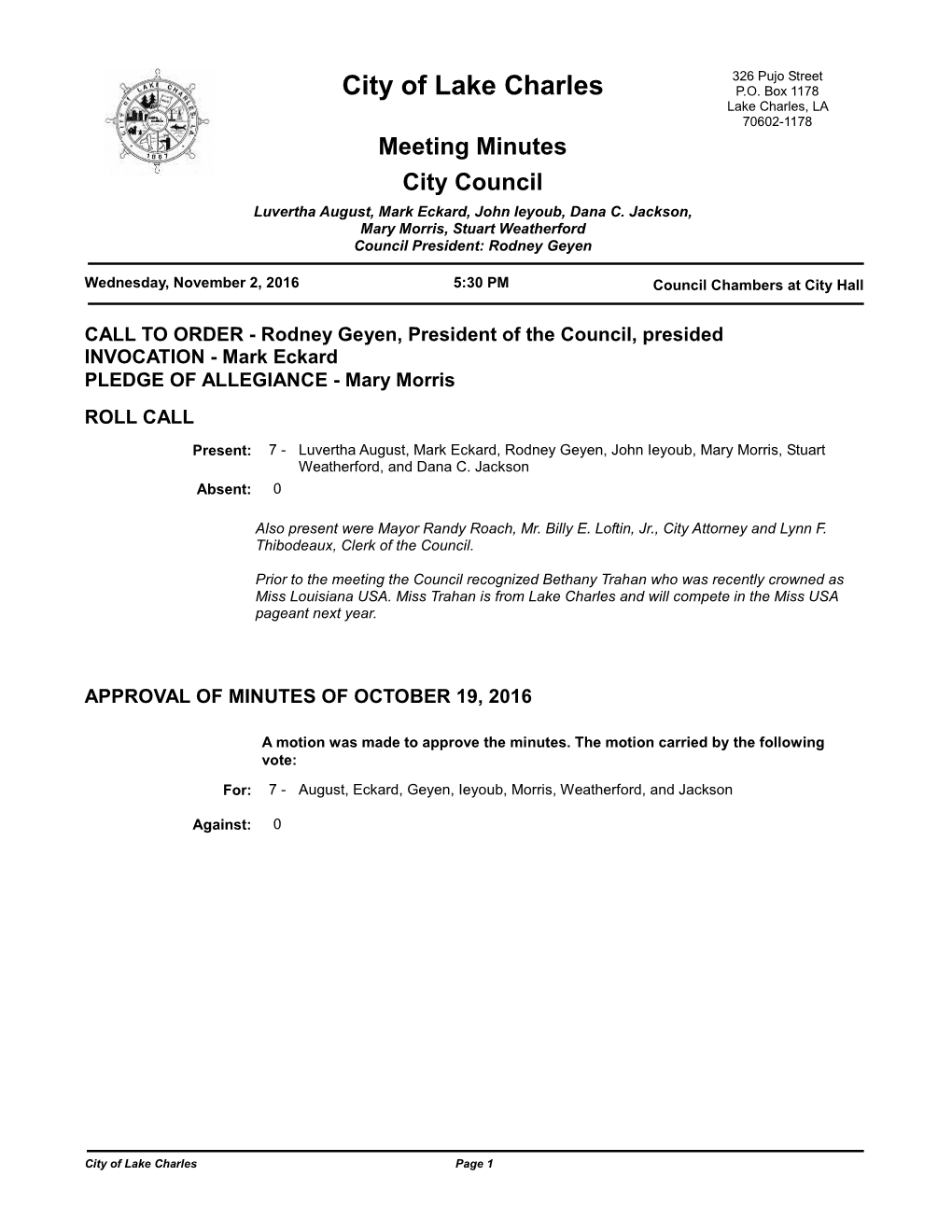 Meeting Minutes City Council Luvertha August, Mark Eckard, John Ieyoub, Dana C