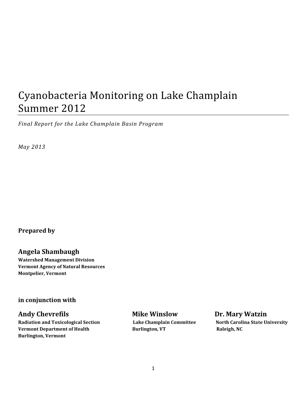Cyanobacteria Monitoring on Lake Champlain Summer 2012