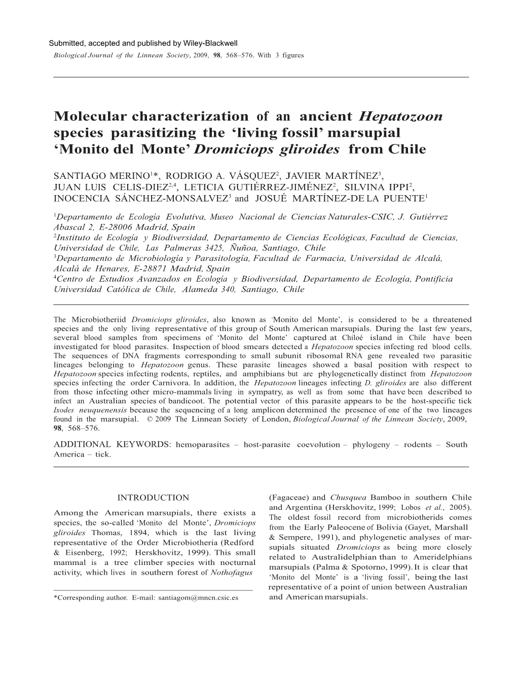 Molecular Characterization of an Ancient Hepatozoon Species Parasitizing the 'Living Fossil' Marsupial 'Monito Del Monte