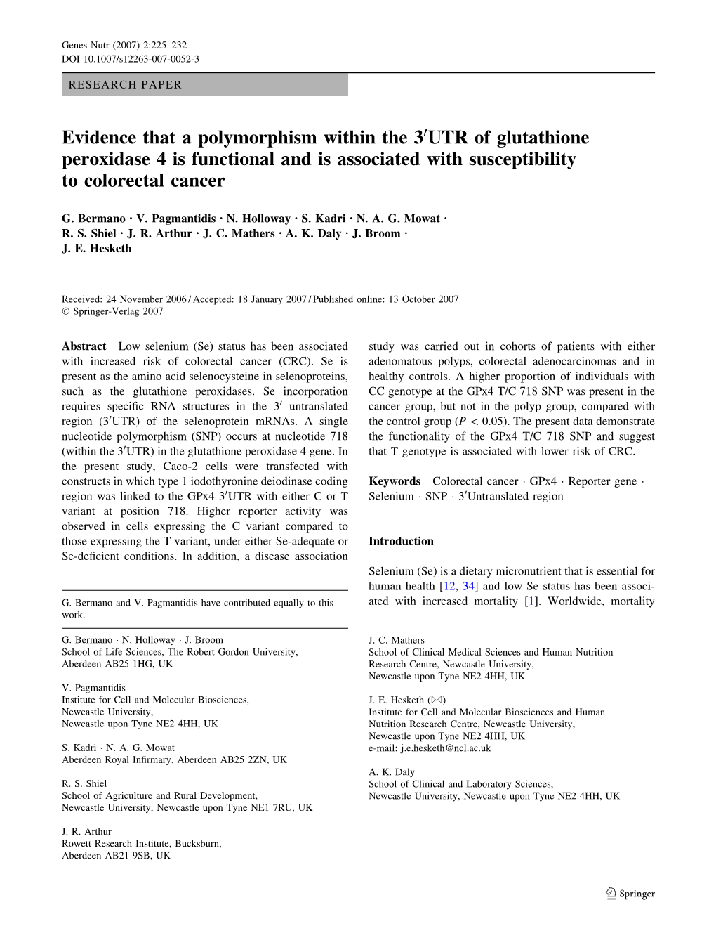 Evidence That a Polymorphism Within the 3 UTR of Glutathione