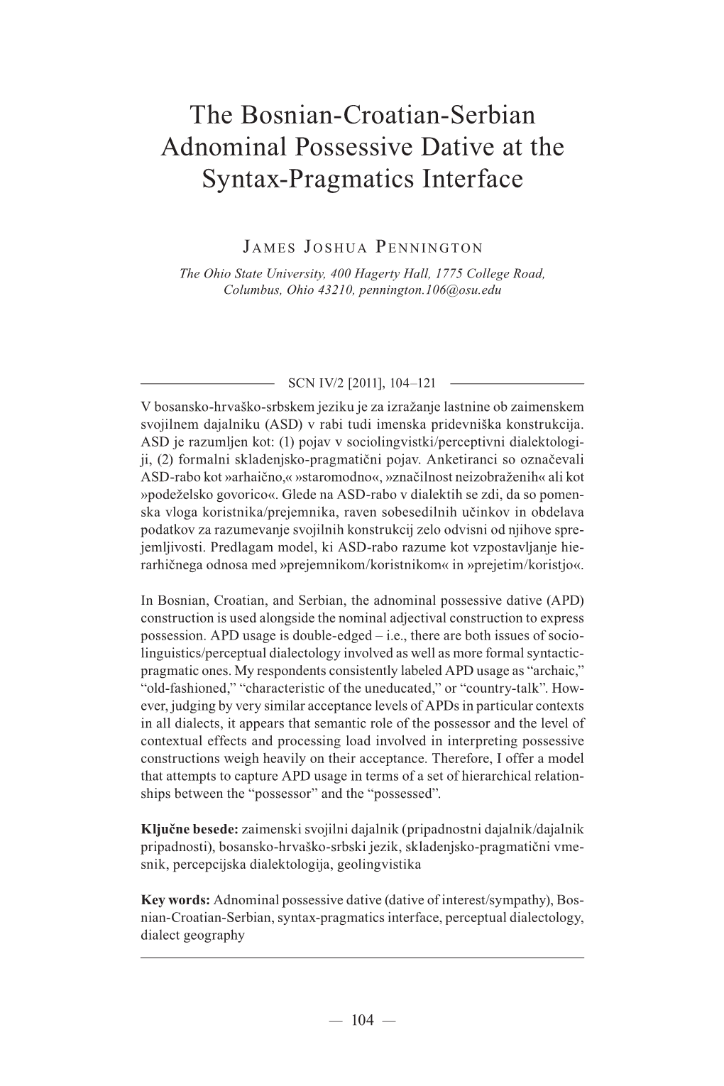 The Bosnian-Croatian-Serbian Adnominal Possessive Dative at the Syntax-Pragmatics Interface