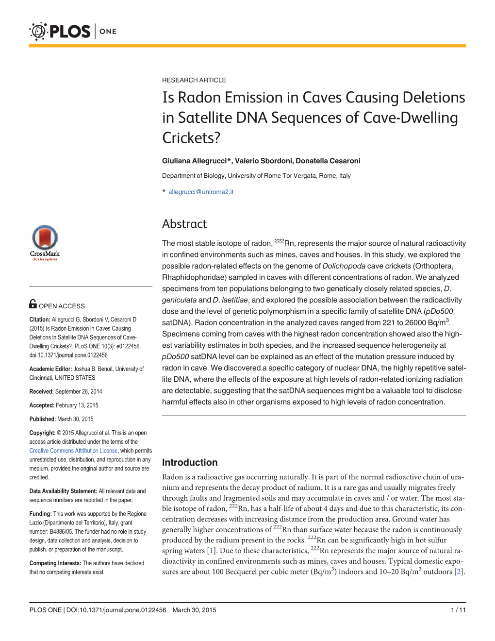 Is Radon Emission in Caves Causing Deletions in Satellite DNA Sequences of Cave-Dwelling Crickets?