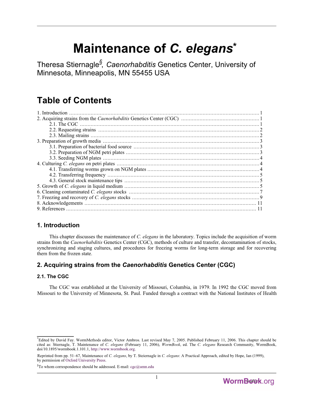 Maintenance of C. Elegans* §