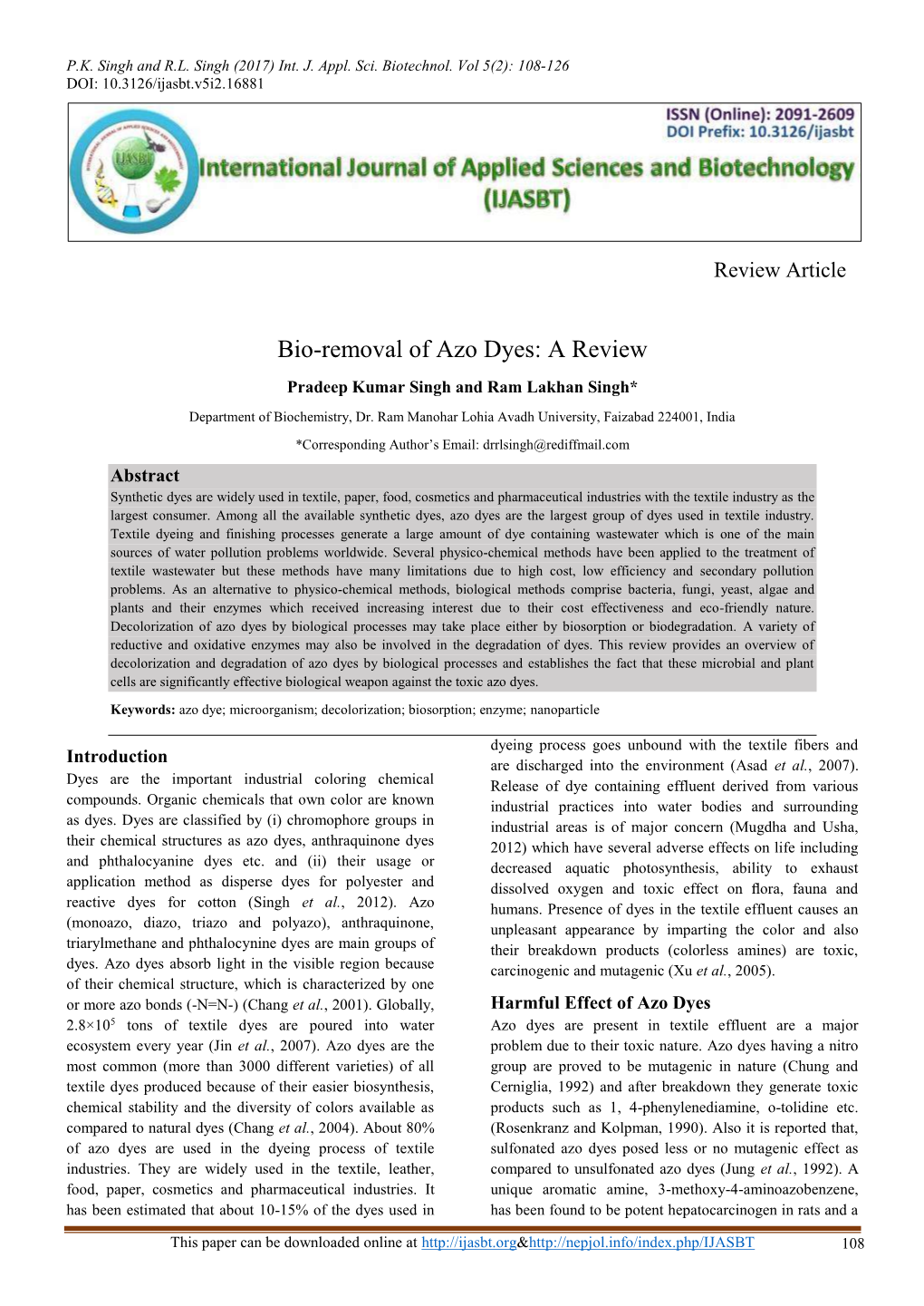 Bio-Removal of Azo Dyes: a Review Pradeep Kumar Singh and Ram Lakhan Singh*