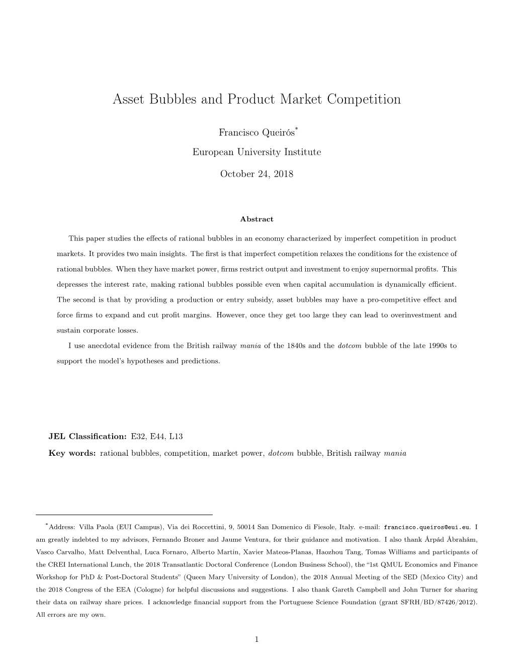 Asset Bubbles and Product Market Competition