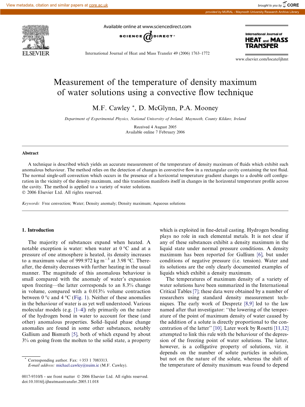 Measurement of the Temperature of Density Maximum of Water Solutions Using a Convective ﬂow Technique