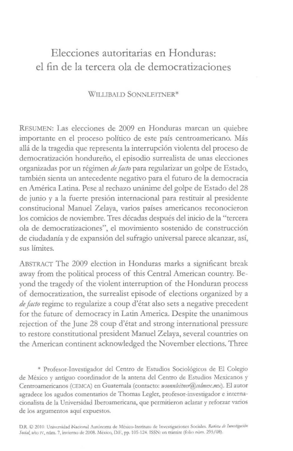 Elecciones Autoritarias En Honduras: El Fin De La Tercera Ola De Democratizaciones