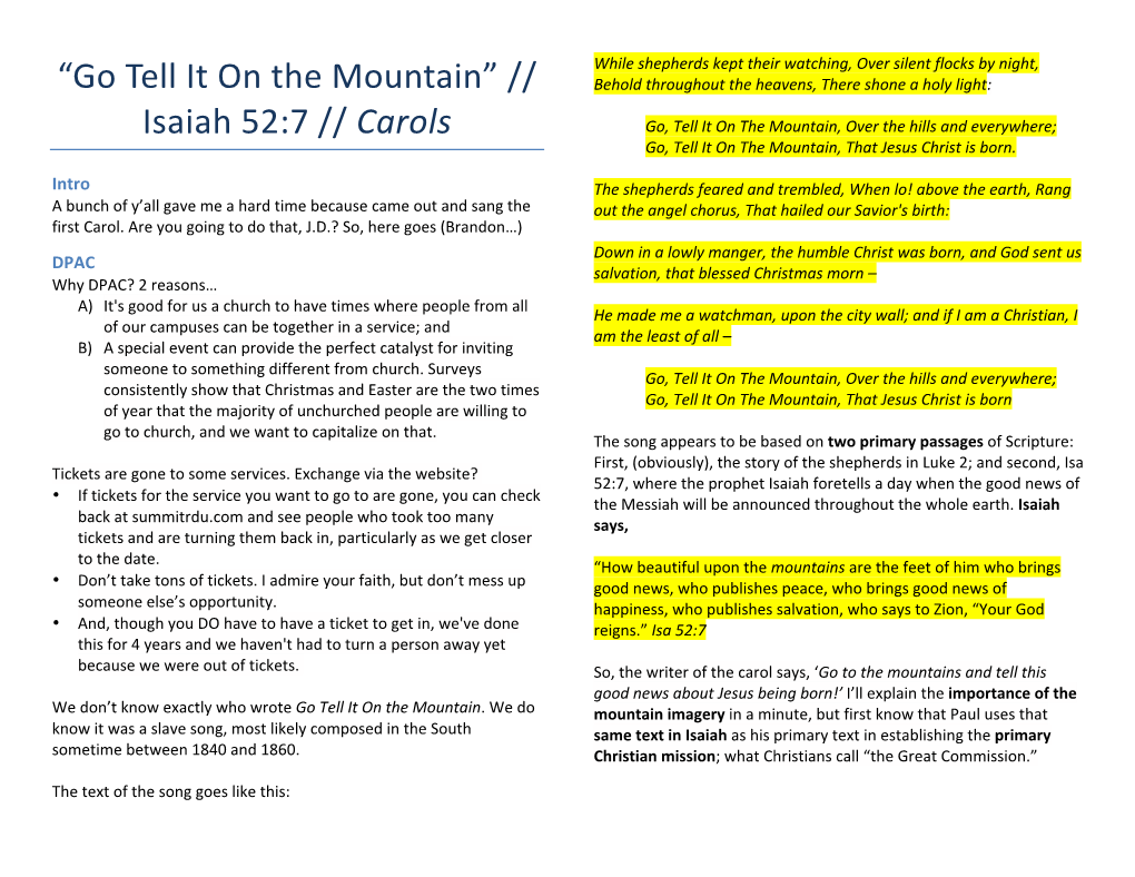 “Go Tell It on the Mountain” // Isaiah 52:7 // Carols