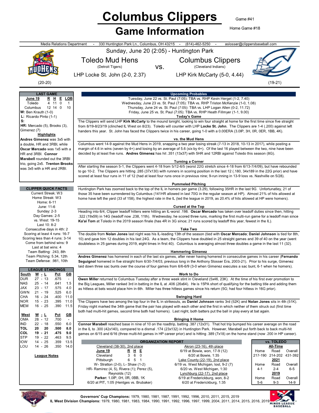 Columbus Clippers Game #41 Game Information Home Game #18