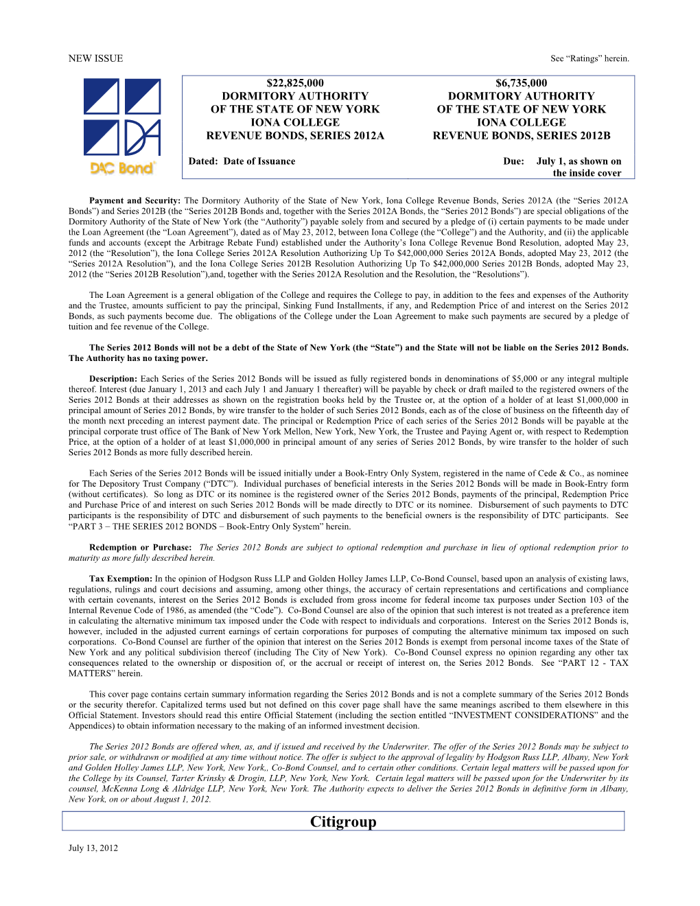Dormitory Authority of the State of New York of the State of New York Iona College Iona College Revenue Bonds, Series 2012A Revenue Bonds, Series 2012B