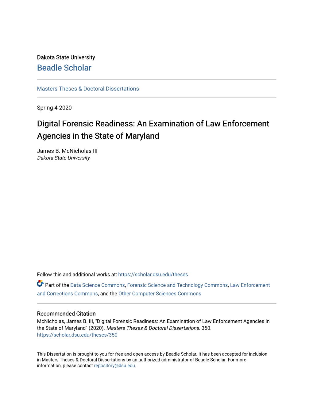 Digital Forensic Readiness: an Examination of Law Enforcement Agencies in the State of Maryland