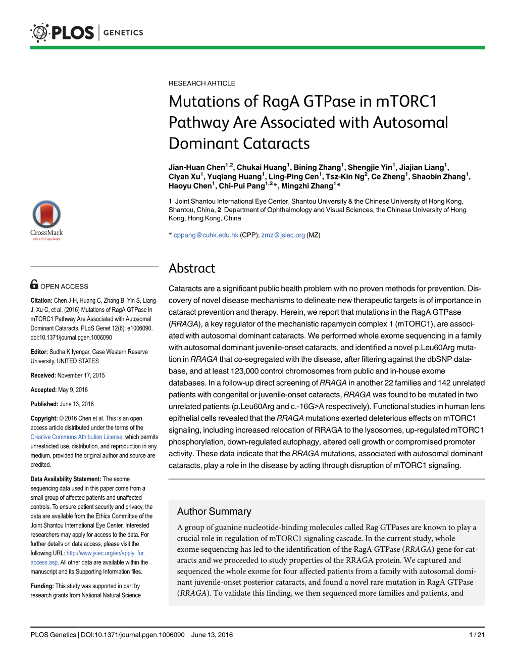 Mutations of Raga Gtpase in Mtorc1 Pathway Are Associated with Autosomal Dominant Cataracts