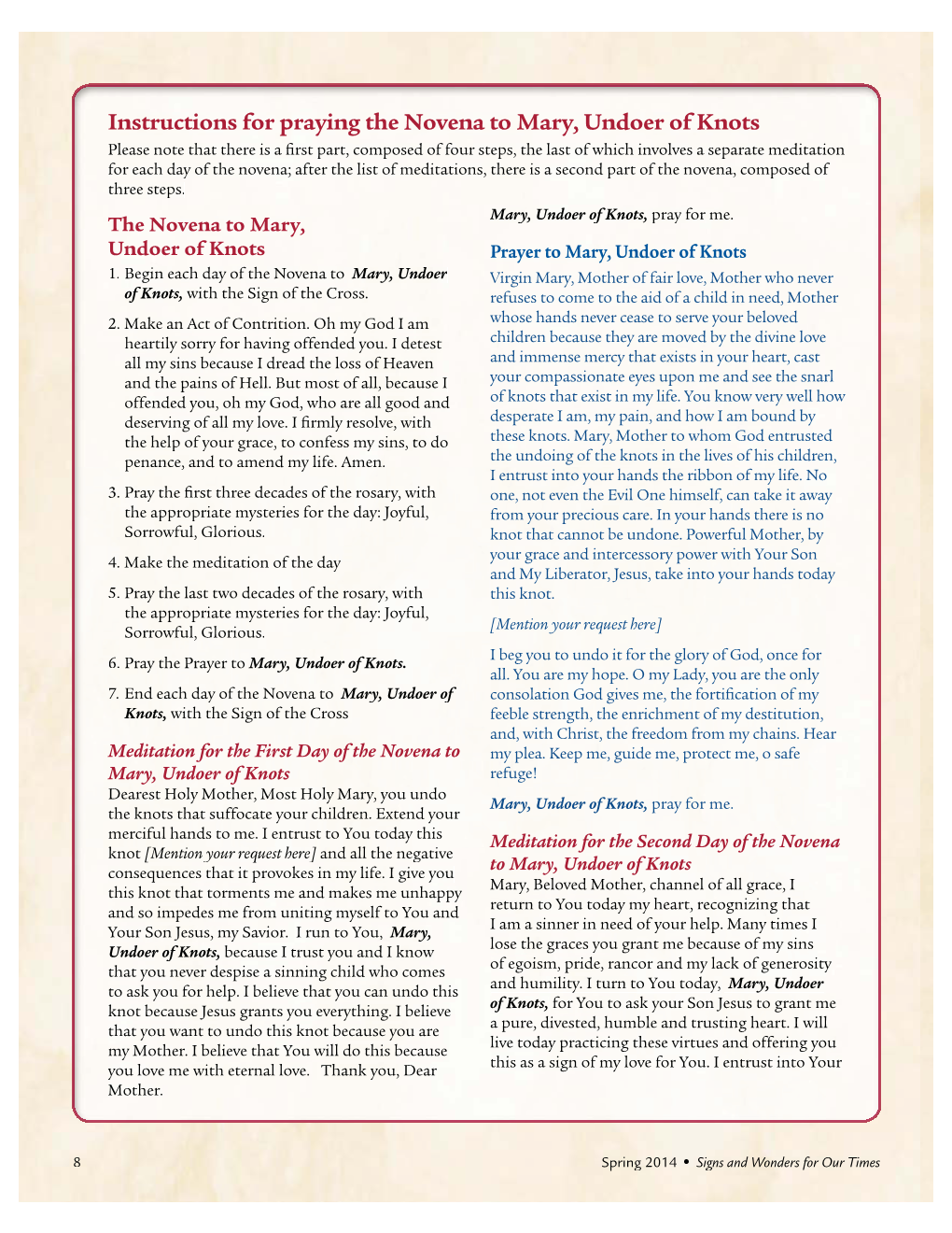 Instructions for Praying the Novena to Mary, Undoer of Knots