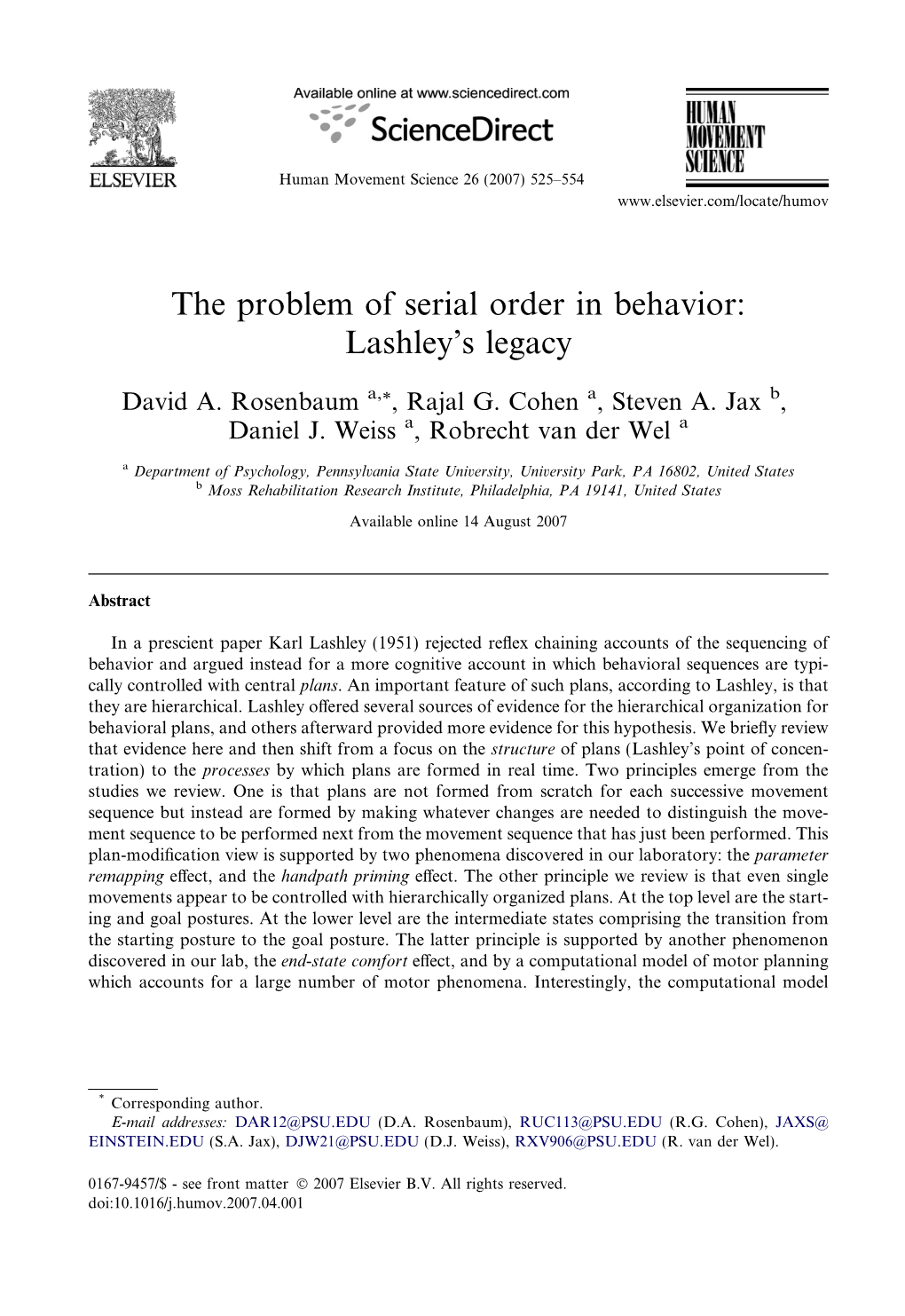 The Problem of Serial Order in Behavior: Lashley's Legacy