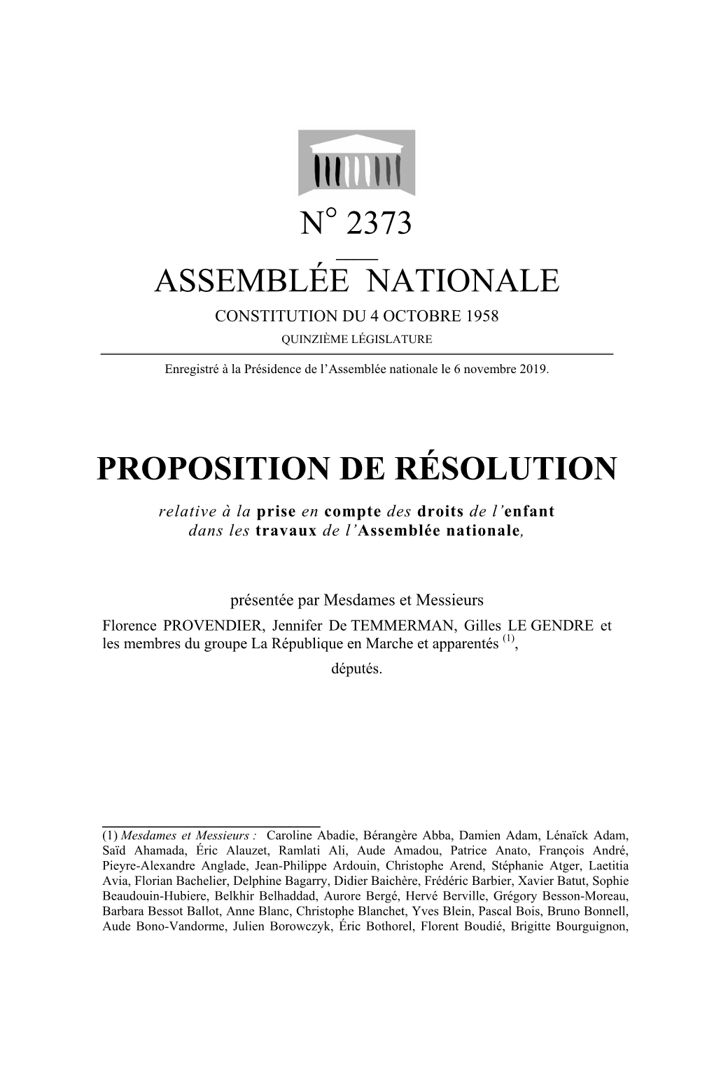 N° 2373 Assemblée Nationale Proposition De Résolution