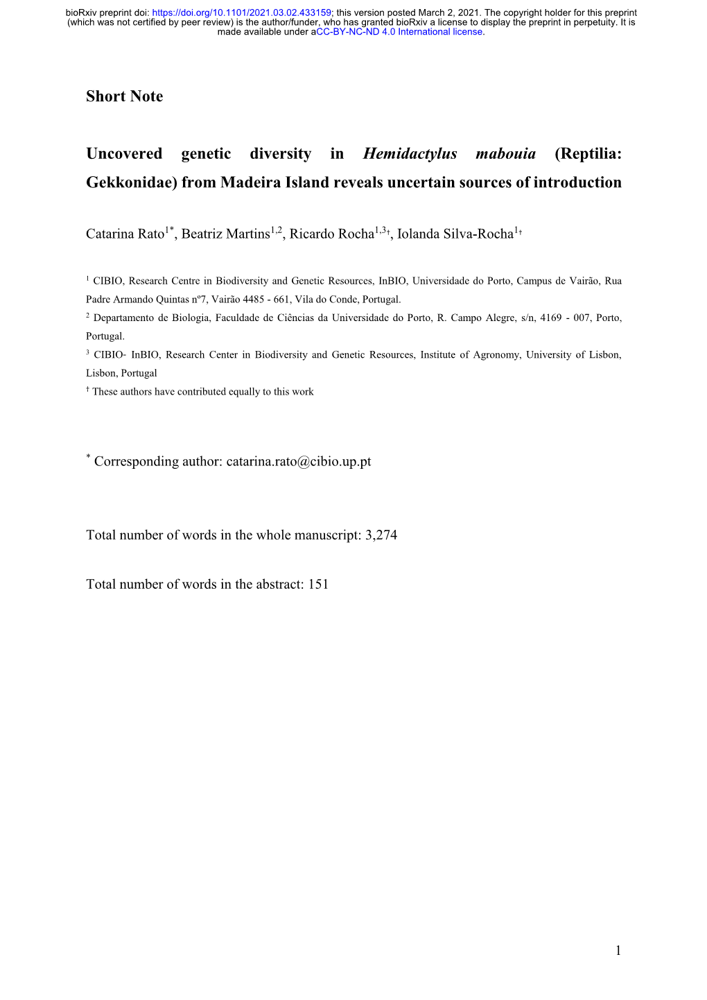 Uncovered Genetic Diversity in Hemidactylus Mabouia (Reptilia: Gekkonidae) from Madeira Island Reveals Uncertain Sources of Introduction