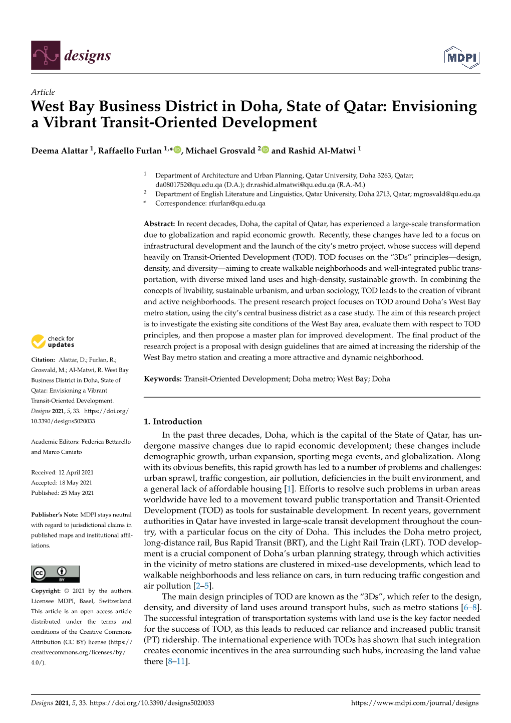 West Bay Business District in Doha, State of Qatar: Envisioning a Vibrant Transit-Oriented Development