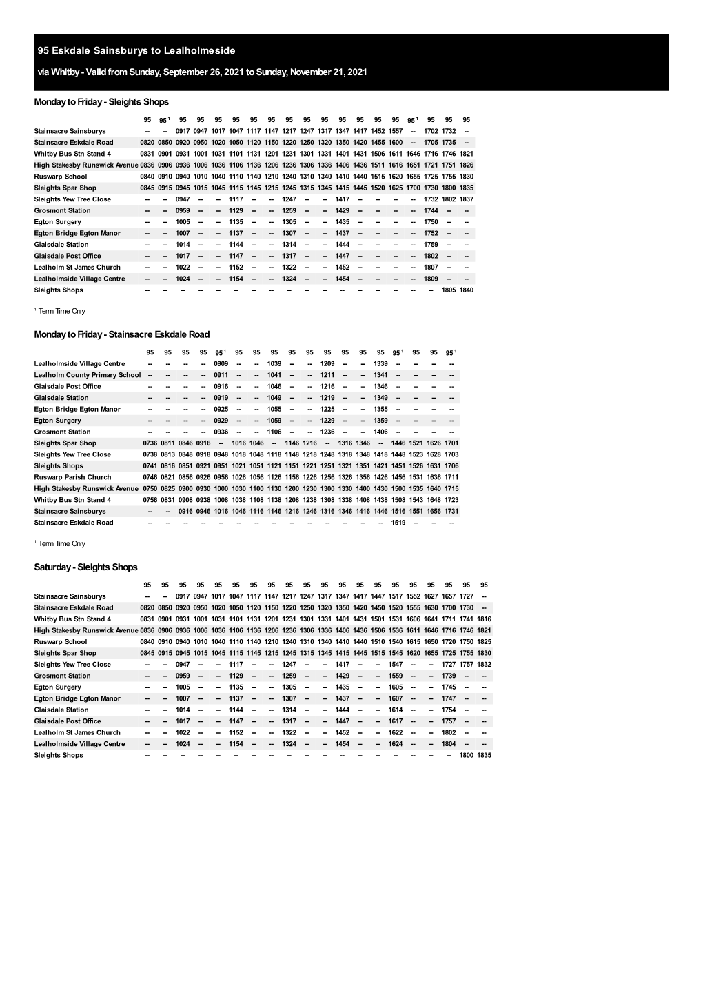 95 Eskdale Sainsburys to Lealholmeside Via Whitby - Valid from Sunday, September 26, 2021 to Sunday, November 21, 2021