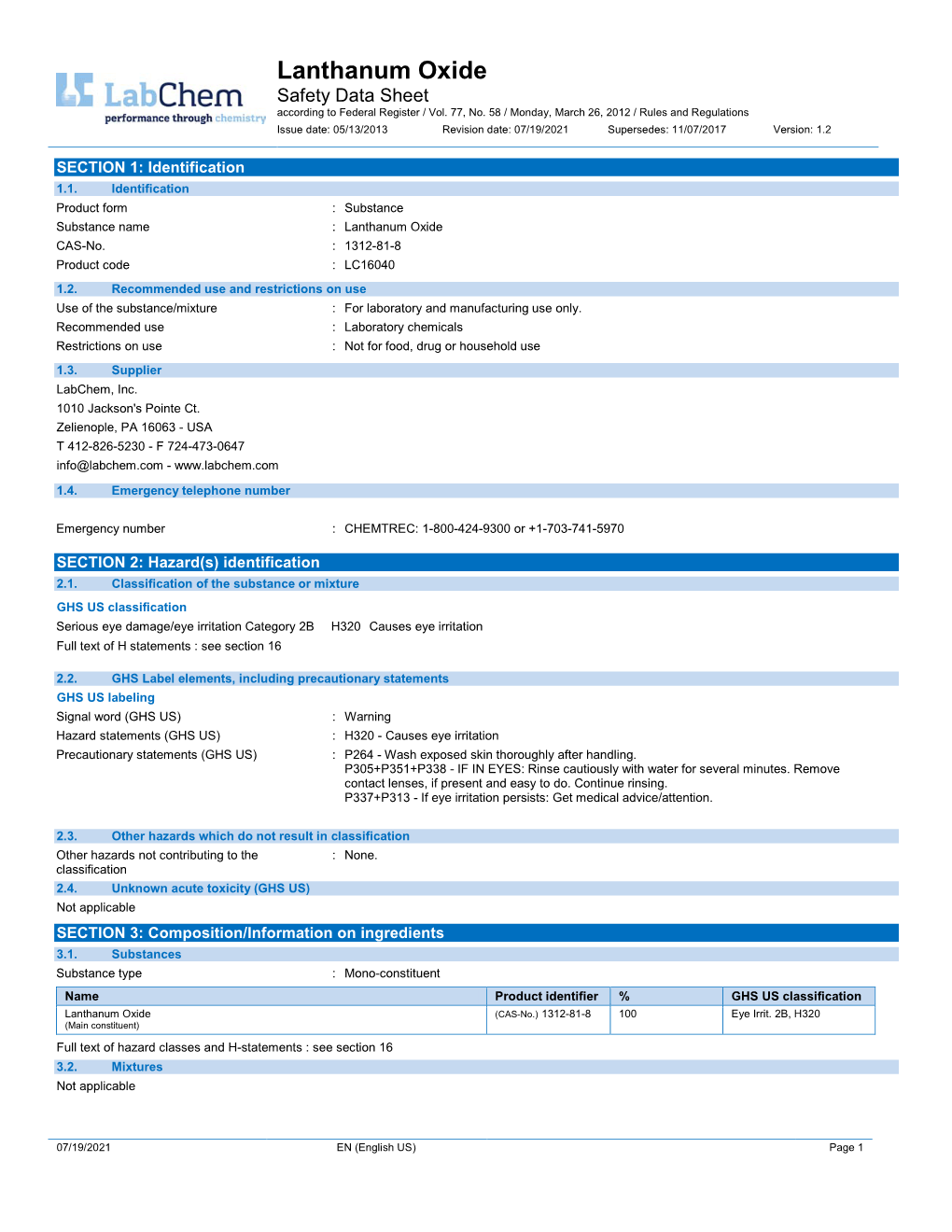 Lanthanum Oxide Safety Data Sheet According to Federal Register / Vol