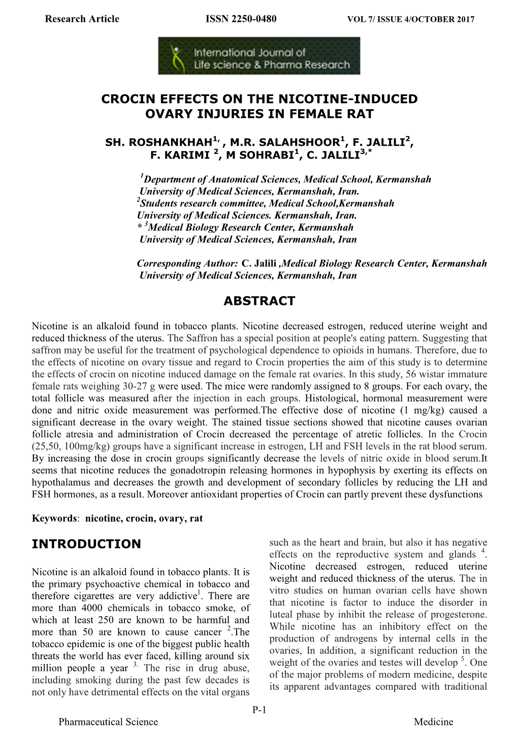 Crocin Effects on the Nicotine-Induced Ovary Injuries in Female Rat