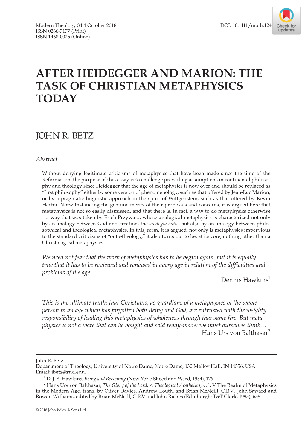 After Heidegger and Marion: the Task of Christian Metaphysics Today