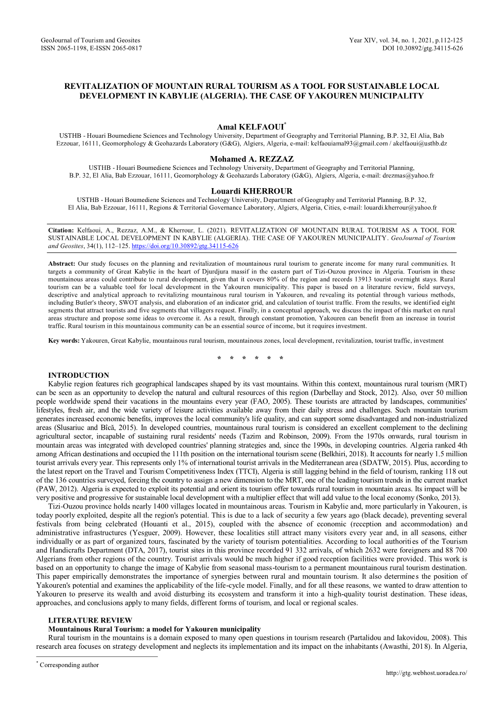 Revitalization of Mountain Rural Tourism As a Tool for Sustainable Local Development in Kabylie (Algeria). the Case of Yakouren Municipality