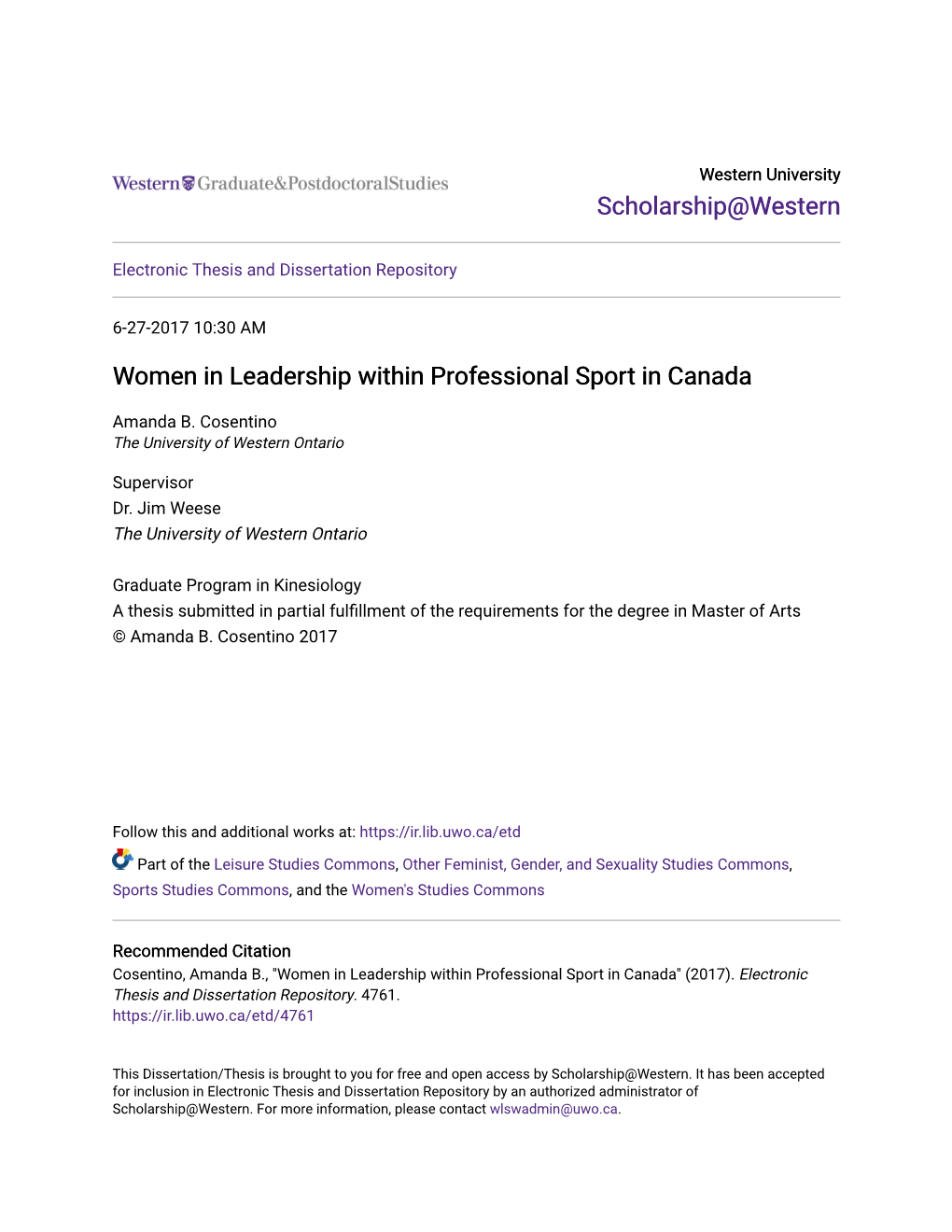 Women in Leadership Within Professional Sport in Canada