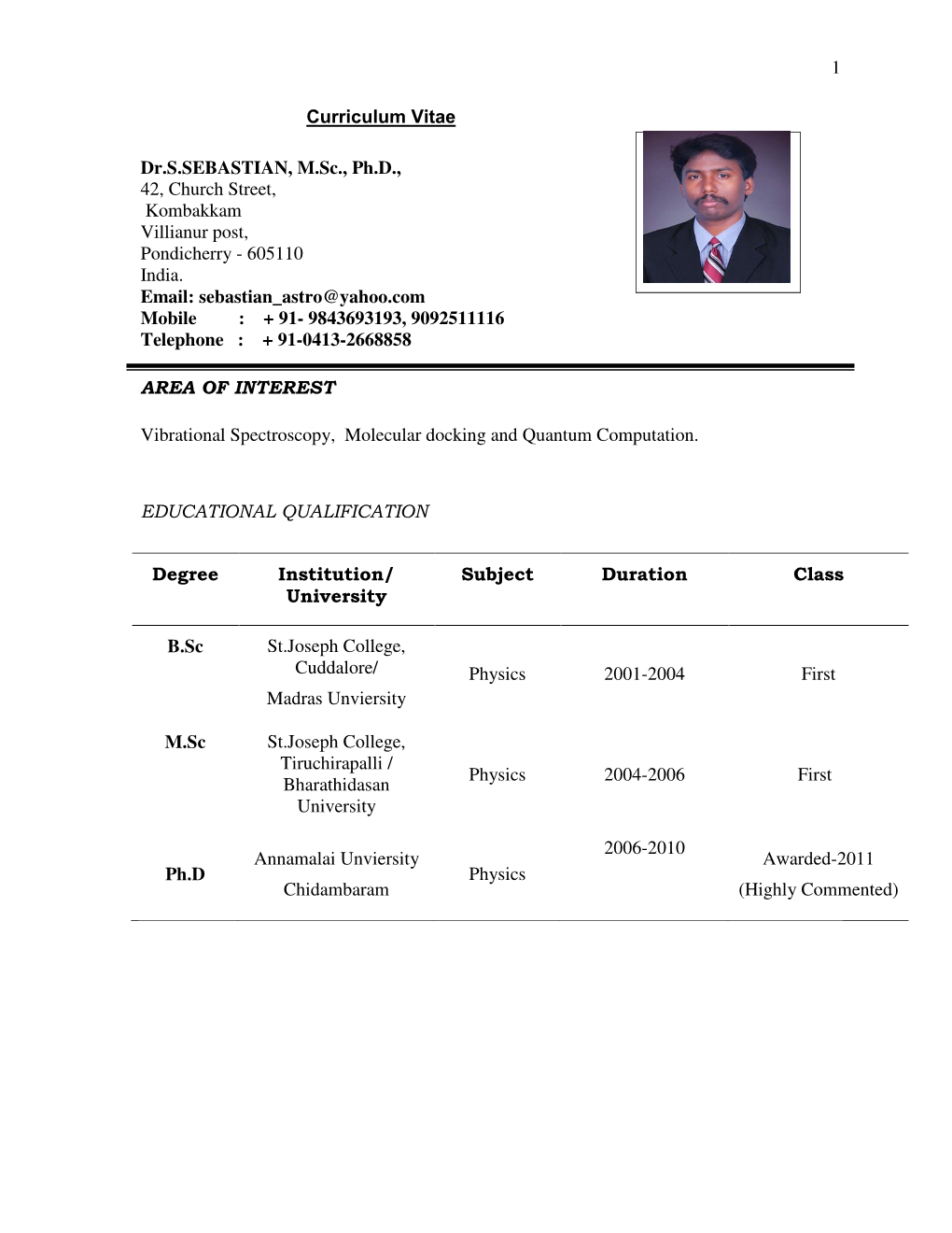 1 Curriculum Vitae Dr.S.SEBASTIAN, M.Sc., Ph.D., 42, Church Street