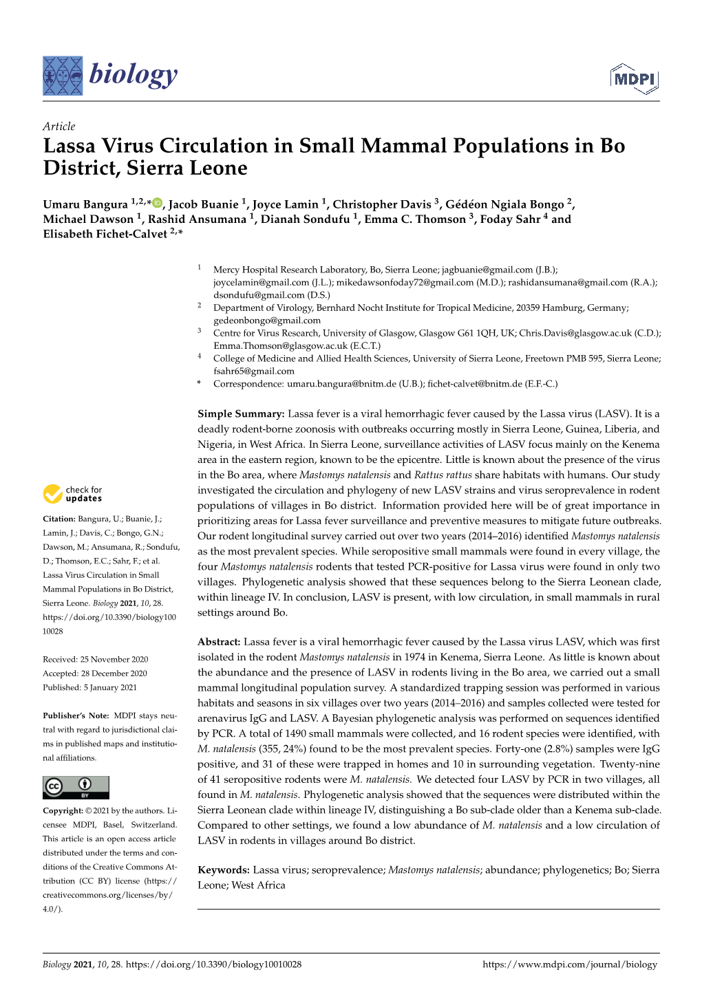 Lassa Virus Circulation in Small Mammal Populations in Bo District, Sierra Leone