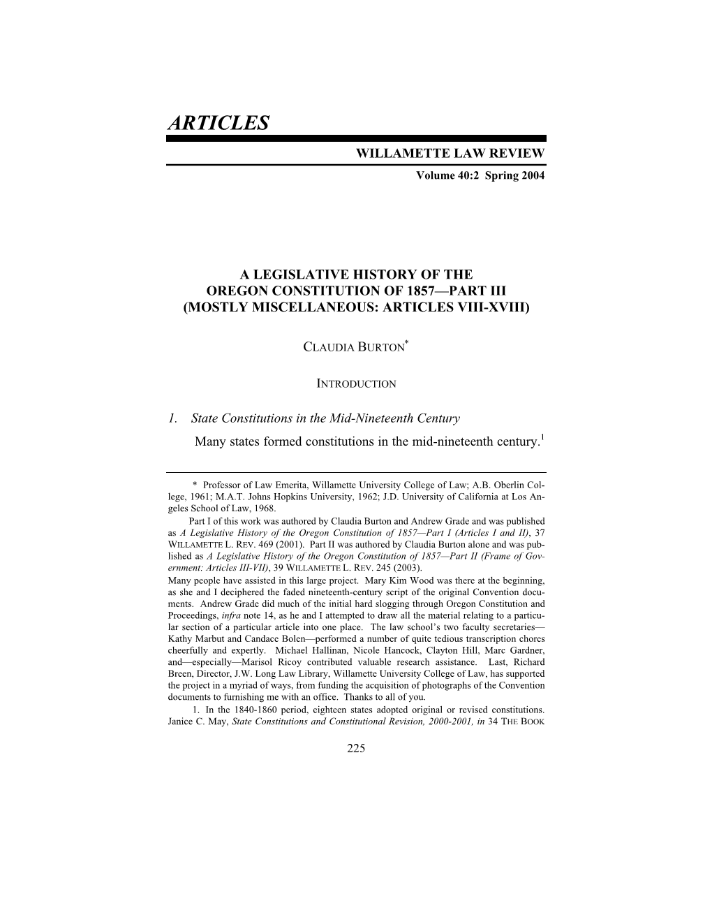 A Legislative History of the Oregon Constitution of 1857—Part Iii (Mostly Miscellaneous: Articles Viii-Xviii)